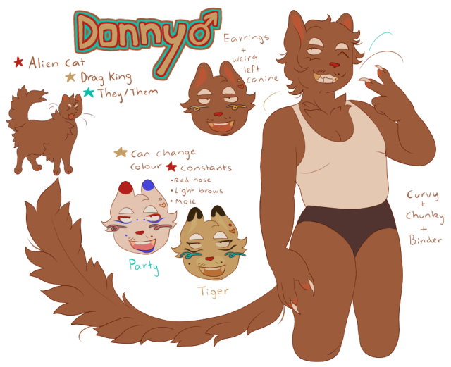 Sona / Mascot guy ref, Grins⚰️  Img id: A ref sheet of a brown anthro cat with a cream coloured singlet and very short black shorts. They have a long fluffy tail and short shaggy hair, #Watch me make like a million colour variants for them  #Art tag.  #I swear I will have more substantial art before this month ends Ive really been on that character reference grindset  #They had binder pecs when I couldnt