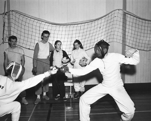vintagesportspictures:Fencing practice at Reed College (1954)