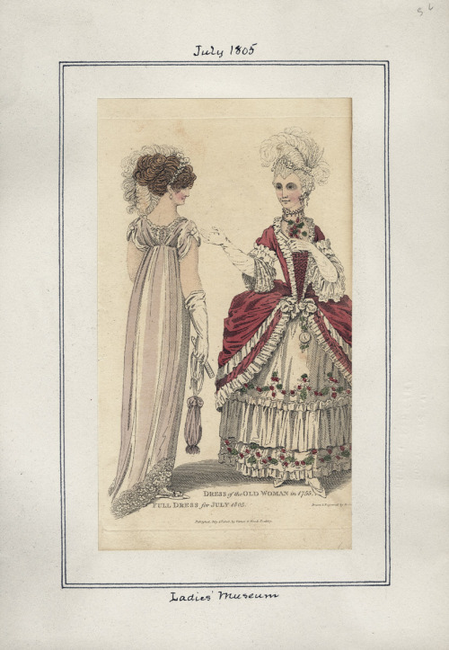 shewhoworshipscarlin: Fashion plate depicting a 1805 full dress, and a “dress of the old woman,” 175