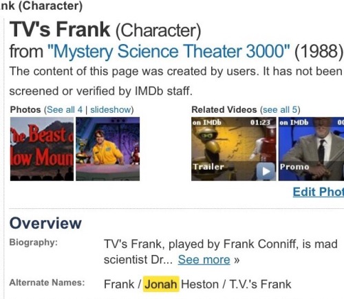 Ok but why is Jonah&rsquo;s name under TV&rsquo;s Frank on IMDb?