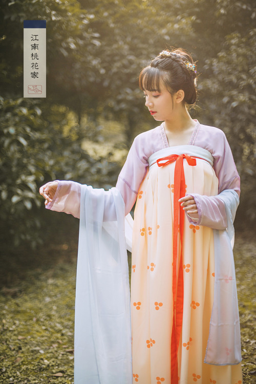 Ruqun(襦裙), a common type of Chinese hanfu in Tang Dynasty style. Photos by 江南桃花家.  That red short to