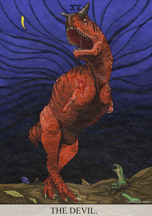 comparativetarot:The Devil.Art by Kmonvish Lawan, from ANCIENT ARCANA. Carnotaurus sastreiNothing co