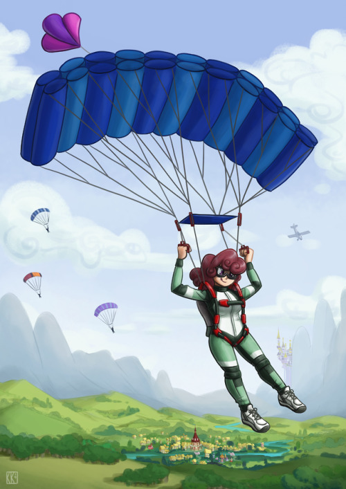 Humanized Windcatcher parachuting over Ponyville (April 22-May 24, 2019), and Maya and anthro Windca