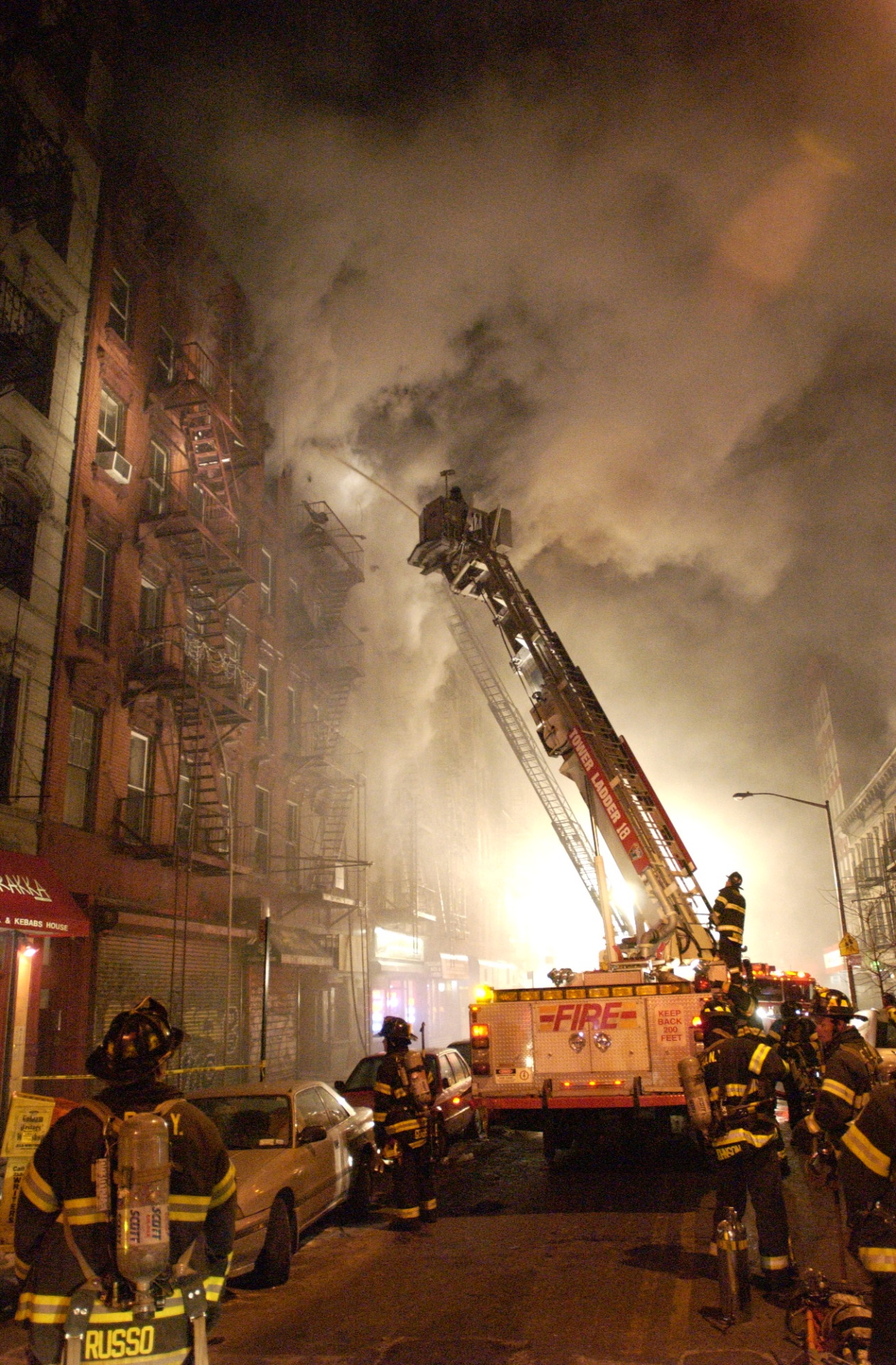 FDNY firefighters respond to a 3-alarm fire in Manhattan, 2004.