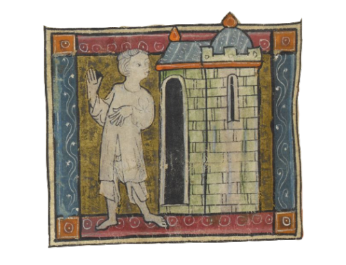 Lancelot leaving a lady’s chamber in breeches and a chemise, Le Roman de Tristan en prose, Add MS 54