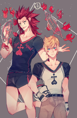 crimson-chains:  My imagination ran away from me! XDHere’s Cheer Leader Axel and Jock Roxas! ^^