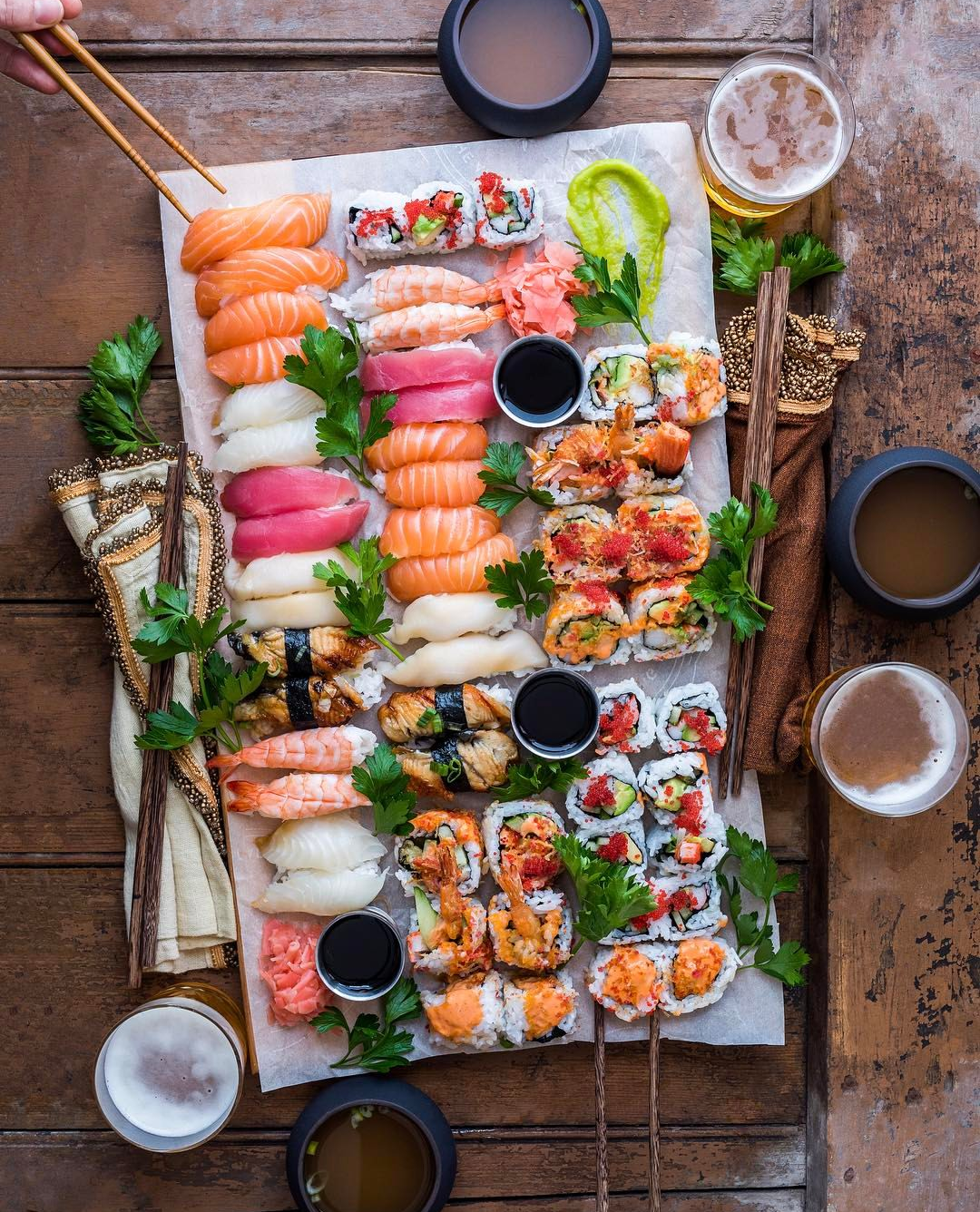 Sushi Tray To Go with Chopsticks Kit, Soy Sauce and Wasabi.Nigiri. Maki.  Sashimi. Salmon. Tuna. Soy. Wakame Stock Photo - Image of fast, delivering:  187683650