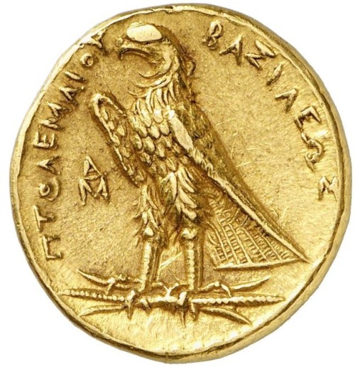 archaicwonder: Coin of Ptolemy II, Alexandria, Egypt, 280-279 BC A gold pentadrachm with the diademe