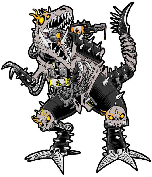 This was commissioned by someone on deviantART known as Blackwing2, and he just wanted me to come up with a design for the most, “Metal”  tyrannosaurus rex I could think of. This is what I managed to come up  with.