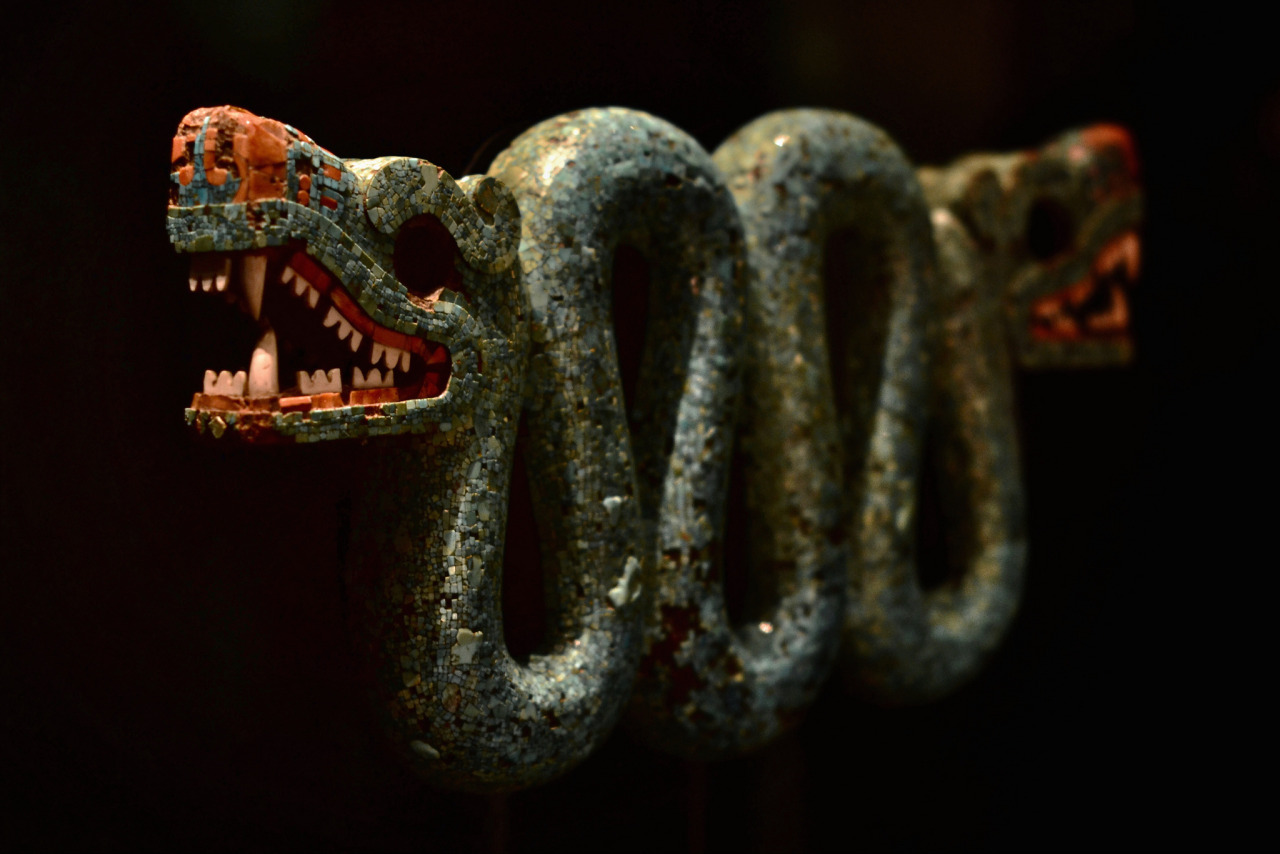 Double-headed serpent. Mexico, 15th-16th century AD
It is carved in wood (Cedrela odorata) and covered with turquoise mosaic. The wood is hollowed at the back.