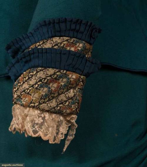 TEAL WOOL VISITING DRESS, c. 18802-pc teal wool &amp; brocaded silk day dress with center front 