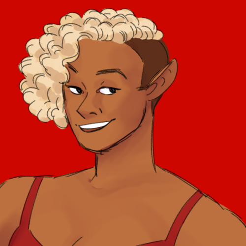 [ID: Five digital bust drawings of a smiling Lup featuring four different blonde hair styles with da