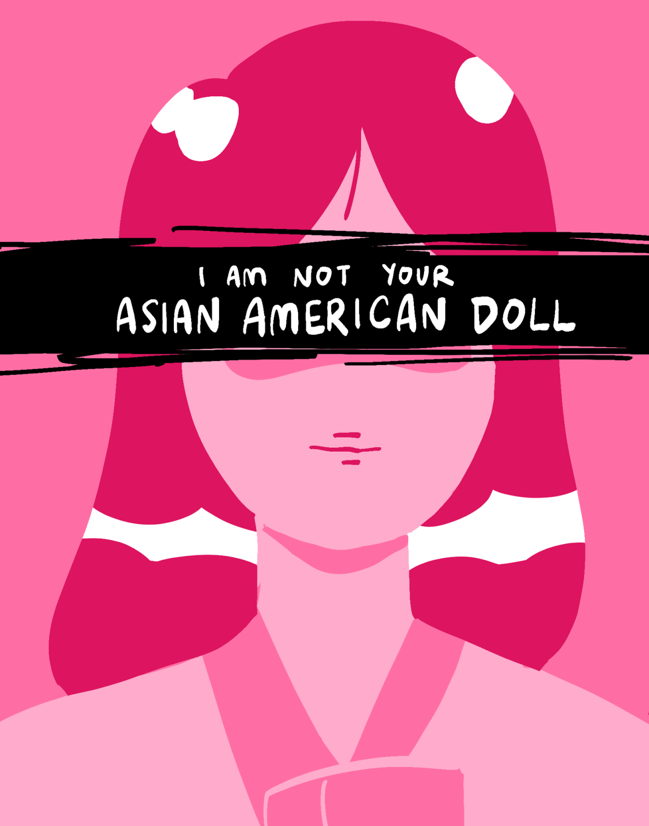 A drawing of a girl with shoulder-length hair and a hanbok against a pink background. A black bar blocks out her eyes, white text on it reading: [I AM NOT YOUR ASIAN AMERICAN DOLL]