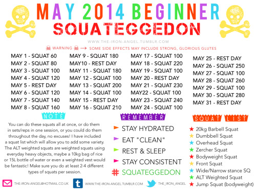 iwillbeskinny123:  workinonmyfitnessbetterme:  fitpositively:  the-iron-angel:  THE-IRON-ANGEL »»> NOVEMBER 2014 BEGINNER SQUATEGGEDON ««< »»> DECEMBER 2014 BEGINNER SQUATEGGEDON ««< Alright everyone! I’ve spent a lot of time doing
