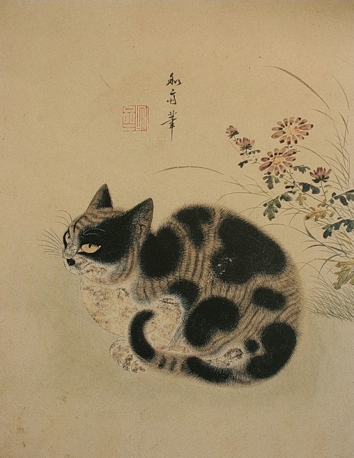 Autumn, Cat in a Garden with Chrysanthemums, Byeon Sang-byeok, ca. 1730