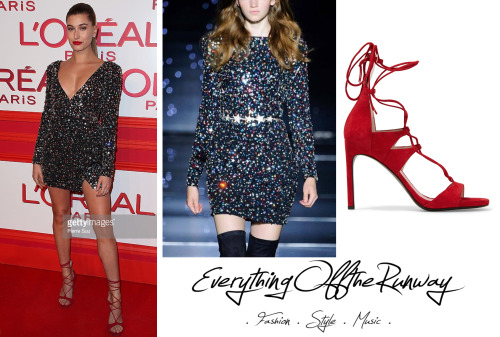 Hailey Baldwin at L’Oreal Paris Red Obsession Party.Zuhair Murad FW15 Couture DressStuart Weitzman L