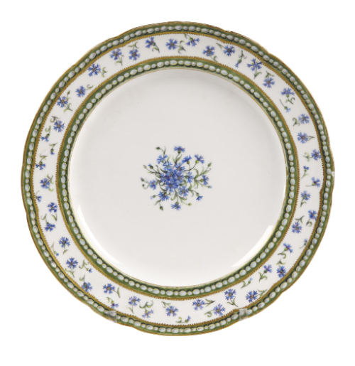 A plate from the perles et barbeaux Sevres service created for Marie Antoinette in 1781. [source: Pescheteau-Badin, June 3 2021 auction/via Auction.fr]