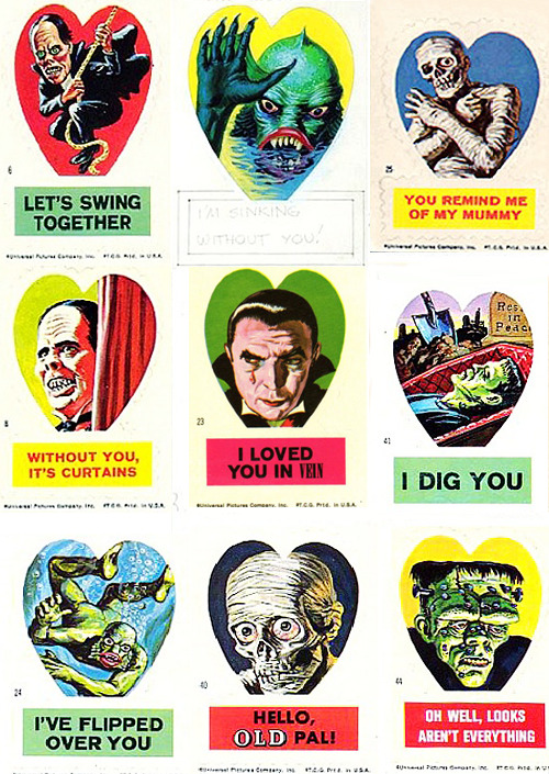 vintagegal:  Vintage Valentines: Universal Horror Valentine stickers by Norman Saunders, 1966 (via)   Happy valentines for my horror junkie :)
