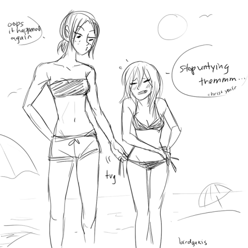 twilightrayne:  birdgekis:  that’s when krista stopped buying cute tie-up bikinis  or manye she enjoyed Ymir doing this so she bought more cute tie up bikinis. :3 