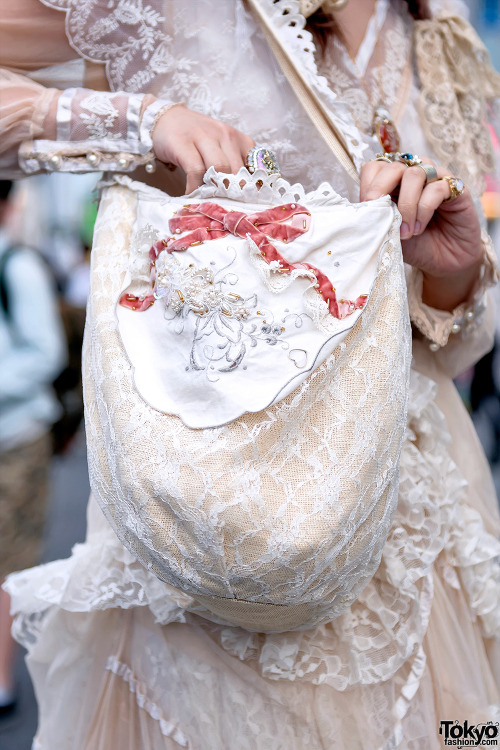 23-year-old Tyatyamal on the street in Harajuku wearing a vintage dress from Meno with a Freckleat b