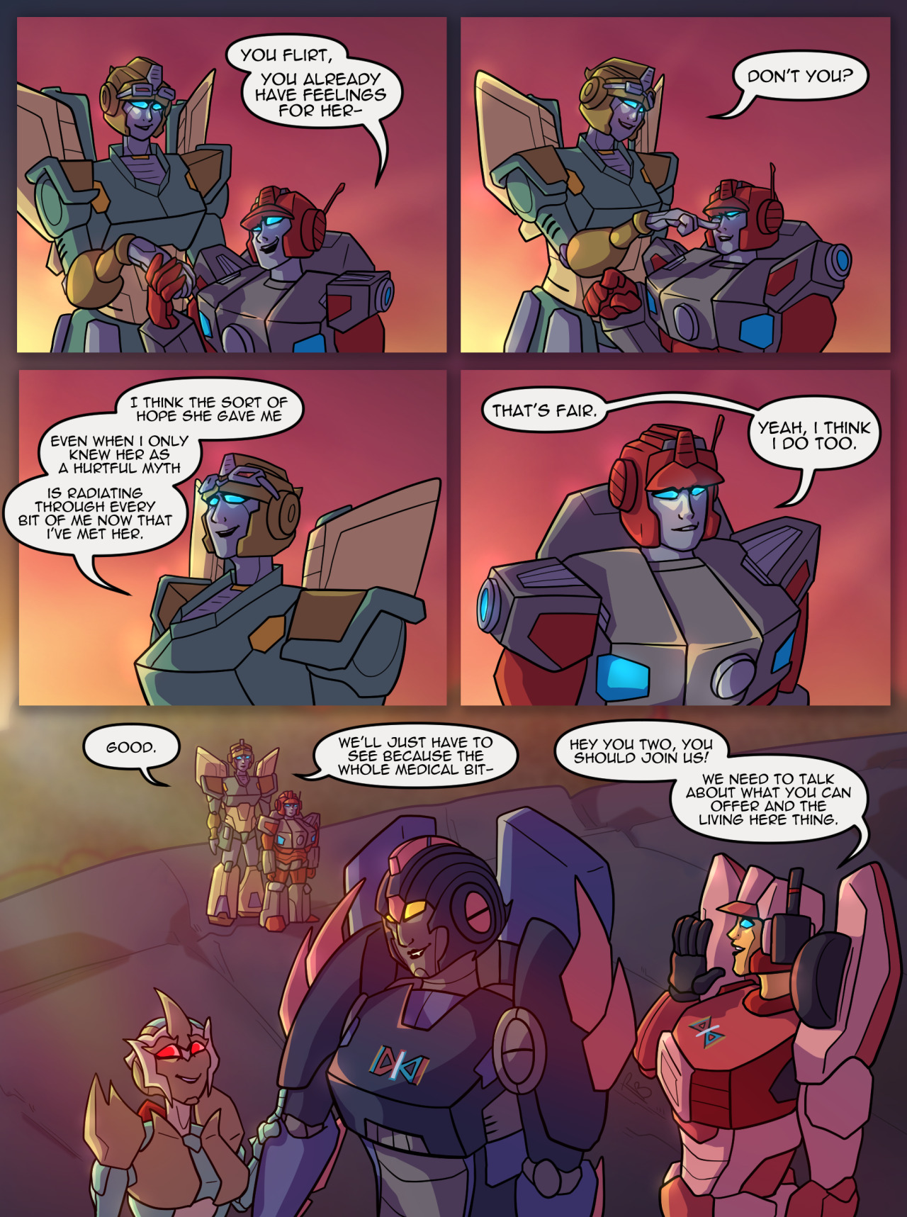 Lug and Anode hold hands, and Lug points out what she had already observed, that Anode has feelings for Arcee, and Anode asks if Lug has feelings for Arcee too, and that Anode found the hope she had long had from Arcee before understanding her was now so strong with love. Lug agrees that she also has feelings for Arcee, and before Anode can get into details about medical ethics and romance, Minerva calls the two over to disclose living with Arcee and what the healing process will be like for her.