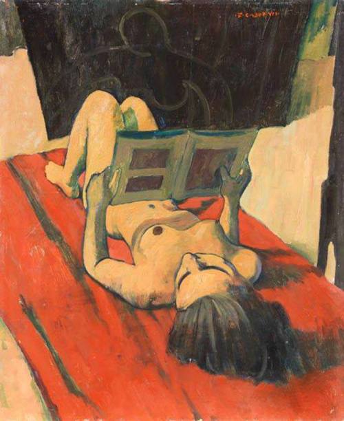 kundst:  Felice Casorati (It. 1882-1963) NUDO (NUDO DISTESO CHE LEGGE), 1943 