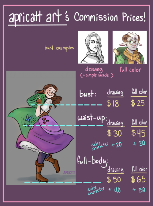 apricatt-art:= New Commission Price Sheet!! =DM or email me at apricatt.art@gmail.com if you’re in