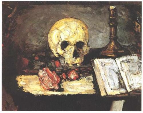 paulcezanne-art:  Still life with skull, candle and book 1866 Paul Cezanne