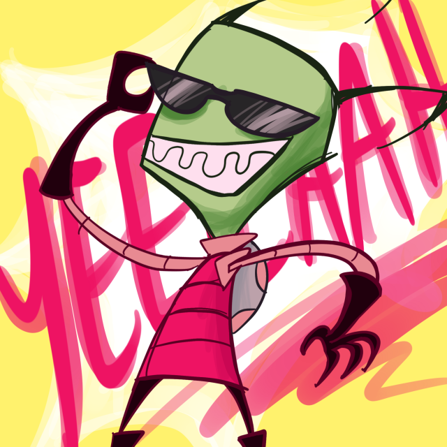 A picture of Invader Zim putting on cool-looking sunglasses and beaming widely with the word "YEEEAAH" in the background in hot pink over a sunny yellow starburst background