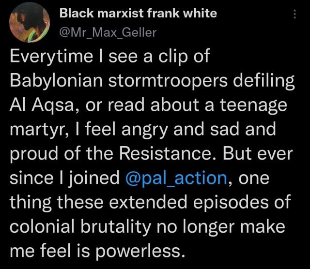 tweet by Mr_Max_Geller reading "Everytime I see a clip of Babylonian stormtroopers defiling Al Aqsa, or read about a teenage martyr, I feel angry and sad and proud of the Resistance. But ever since I joined @pal_action, one thing these extended episodes of colonial brutality no longer make me feel is powerless."