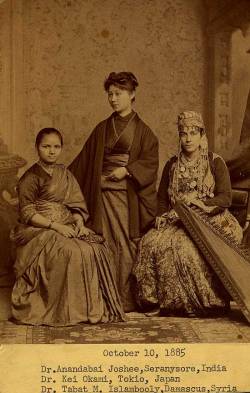 deafmuslimpunx:  An Indian woman, a Japanese woman, and a Syrian woman, all training to be doctors at Women’s Medical College of Philadelphia, 1880s. (Image courtesy Legacy Center, Drexel University College of Medicine Archives, Philadelphia, PA. Image