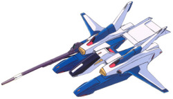 the-three-seconds-warning:  FXA-05D G-Defenser  The FXA-05D G-Defenser is a fighter craft created to support the RX-178 Gundam Mk-II in battle. On its own, the G-Defenser’s combat abilities are similar to FF-X7-Bst Core Booster from the One Year War