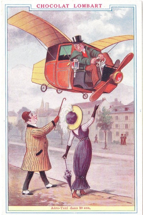 The Air-Taxi. Retrofuturistic illustration by French chocolate company, Lombart. Circa 1910.