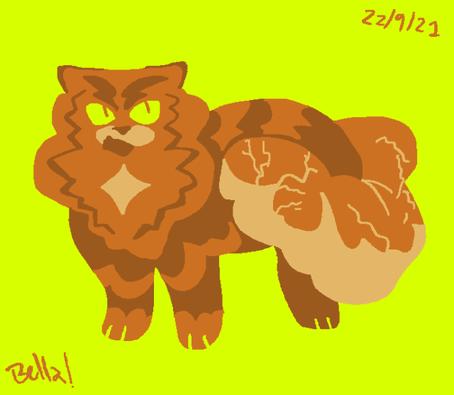 a fluffy tabby brown cat with fur that seems a cracking stormy sky, his eyes are lime green like the background and he has a star on his chest and a crooked jaw. 