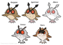 felicomics:Decided to jump on the Pokémon variation bandwagon and drew a bunch of hootersI love these! &lt;3 &lt;3 &lt;3