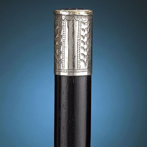 art-of-swords:  Dagger CaneMedium: ebony, silver, steelMeasurements: overall length 35 ½ inches (90.1cm)The walking stick conceals a blade that is revealed with a simple pull of the silver knob. The stick’s shaft is decorated wit silver bands.Source: