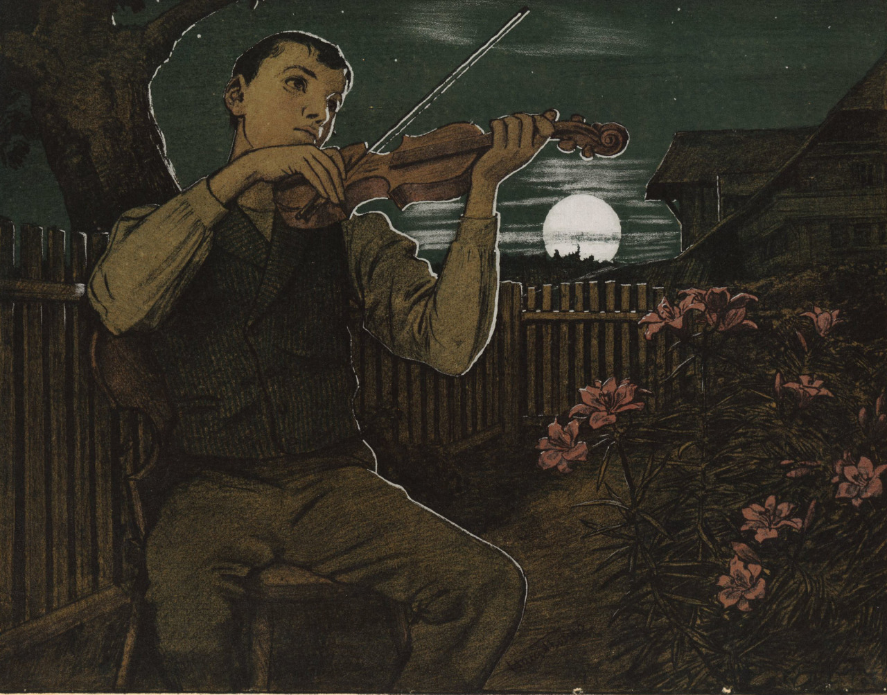 Hans Thoma (German; 1839–1924) Violinist Playing in a Moonlit Garden Lithograph