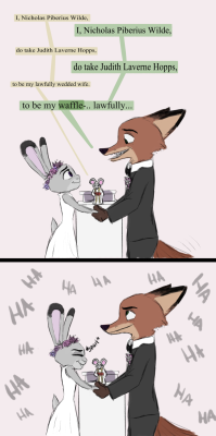 andyourteeth: @cloudyloudy @yasminoliveira534 @ihavewaytoomanyproblems @nickwildeandjudyhoppsaremyotp @trashasaurusrex  You guys asked for (or mentioned) a WildeHopps version of this hilarious wedding video, so here’s a quick, crappy comic. ;D   X3!!