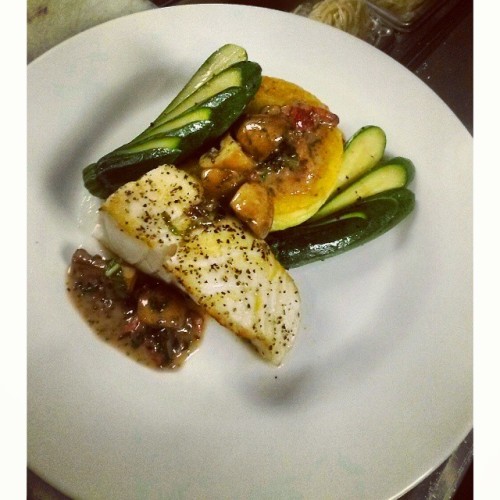 Tonights special sauted seabass with polenta souffle, baby zuchinni, and a strawberry mushroom tuaca