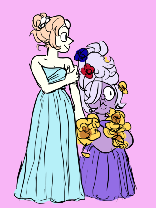 droosy:  after drawing ruby and sapphire in wedding regalia, i realized garnet would need some bridesmaids in ugly chiffon dressessteven is her gem of honor! 