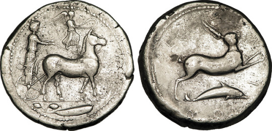 Silver tetradrachm of the Sicilian polis of Messana. On the obverse, a charioteer in a mule-drawn chariot, with the winged...