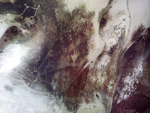 Handprint paintings in Pettakare Cave, Sulawesi, Indonesia. These were made by people over 40,000 ye