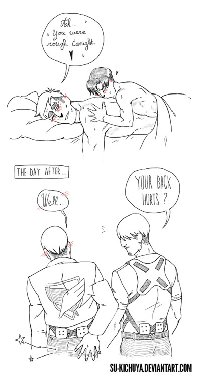 machina-su:I’ve got an idea, like … Erwin tops before they go on mission, and Levi tops when they ge