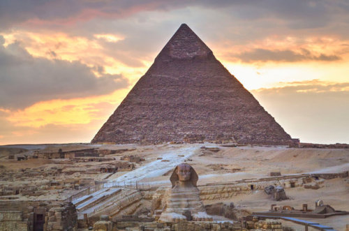 Sunset at the Pyramid of Khafre and Sphinx