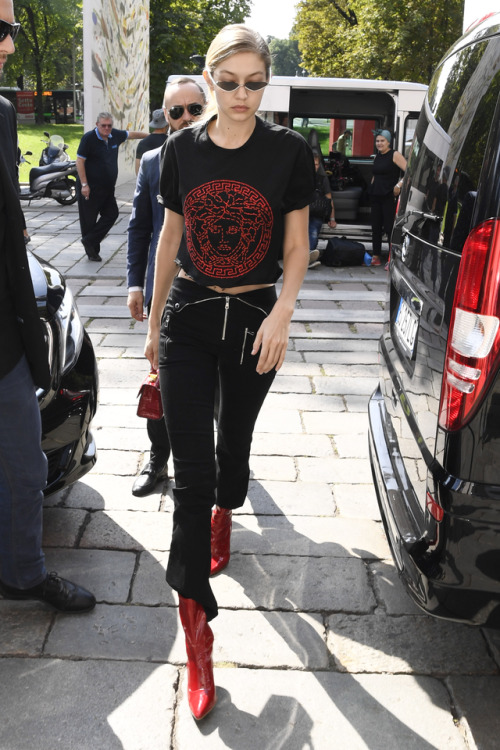 justgigihadid:September 22: Gigi arriving at the Versace Fashion Show in Milan.