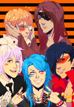 monsieurpaprika:  BOO~OOO~OOOO such scary gay nerds reuploaded cause i botched up the first one ghh THEIR COSTUMES ARE- noiz: barnaby aka bunny from tiger&amp;bunnymink: senri from +Animaclear and koujaku should be super obviousand aoba is the glitter