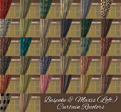 Bespoke and Maxis Curtain RecolorsHere’s a pretty collection of 32 print and pattern recolors for th