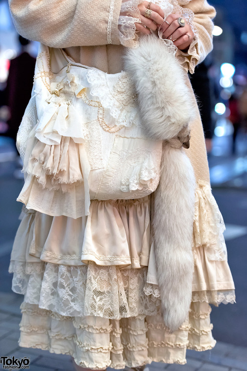 Vintage fashion loving Japanese fashion student Yukarin on the street in Harajuku. Her look features