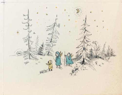 This watercolour and ink drawing by Maurice Sendak is one of four original designs for Christmas car
