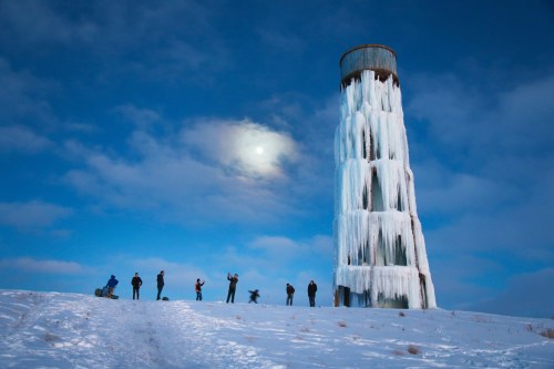 This frozen tower in the the Turkish village of Sarikoy stands at the edge of town, 65 feet tal